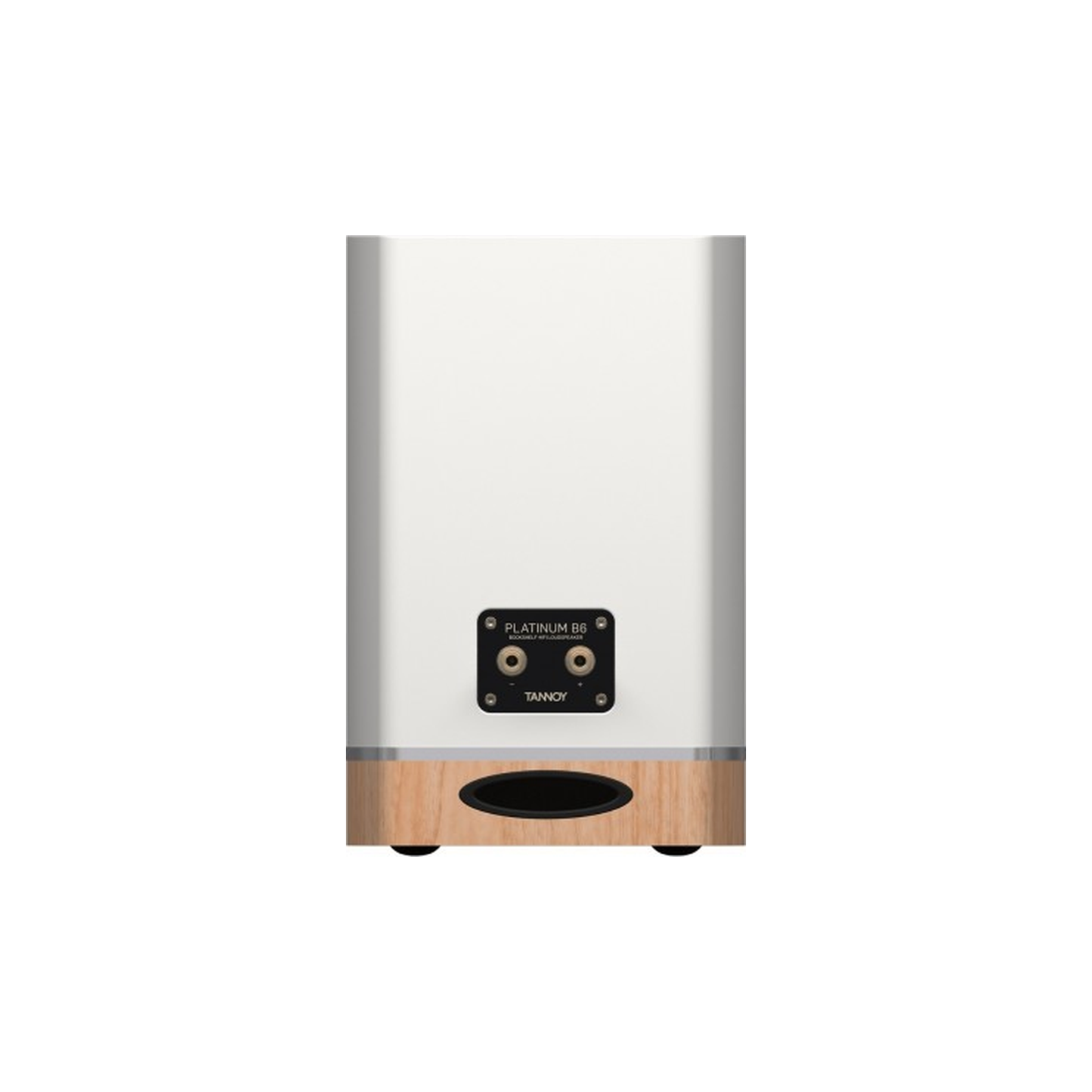 Tannoy Platinum B6 Regallautsprecher Weiss/Holz hell Rückansicht mit Terminal und Bassreflexöffnung