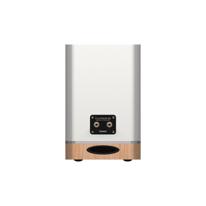 Tannoy Platinum B6 Regallautsprecher Weiss/Holz hell Rückansicht mit Terminal und Bassreflexöffnung