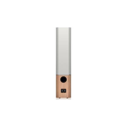 Tannoy Platinum F6 Standlautsprecher Weiss/Holz hell Rückansicht mit Terminal und Bassreflexöffnung