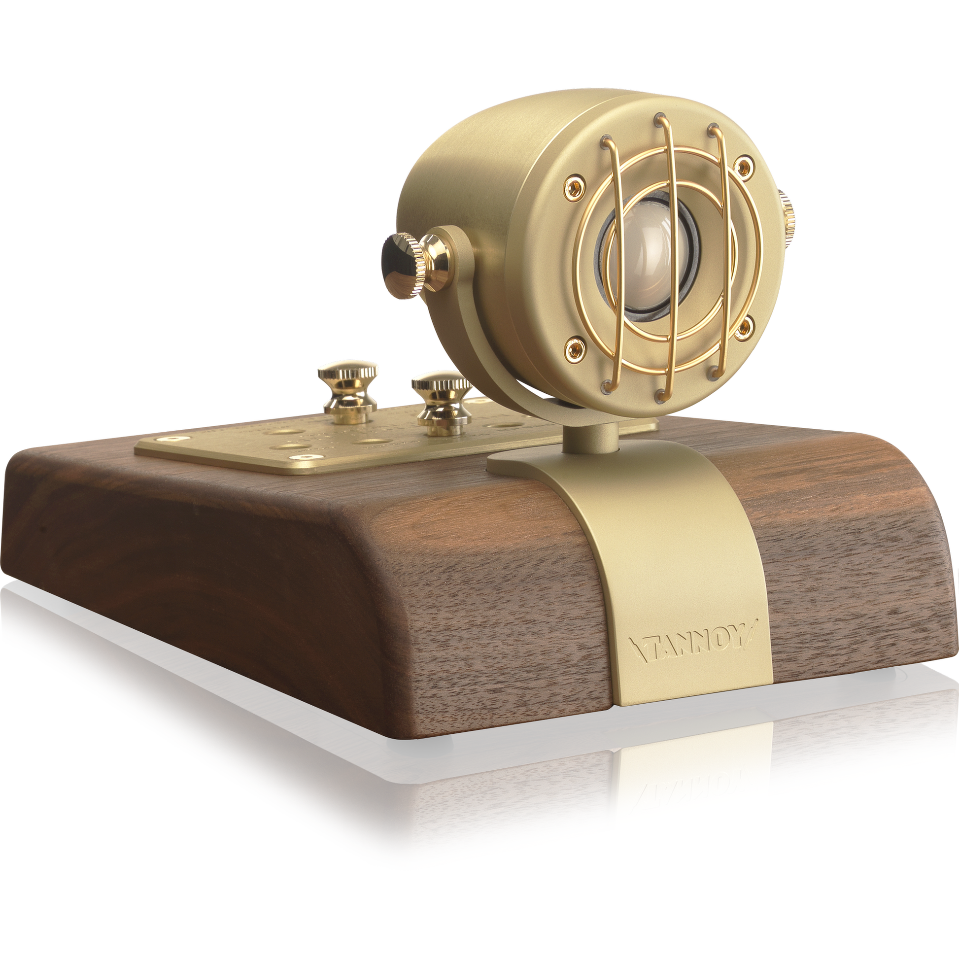Tannoy Prestige GR Super Tweeter Schrägansicht mit Holzsockel und vergoldeten Einstellreglern