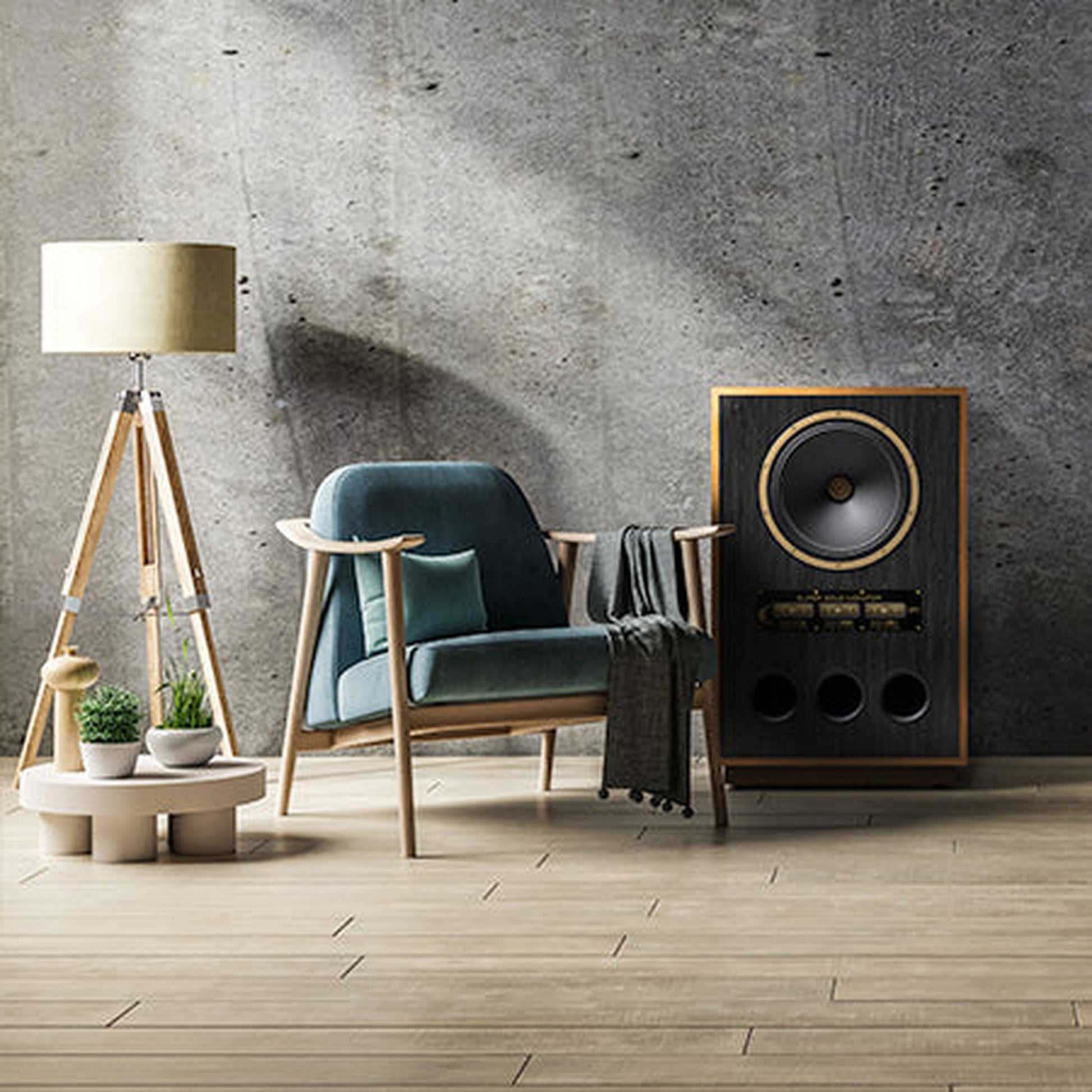Tannoy SGM 15 Standlautsprecher Lifestyle im Wohnraum neben Sessel und Stehleuchte