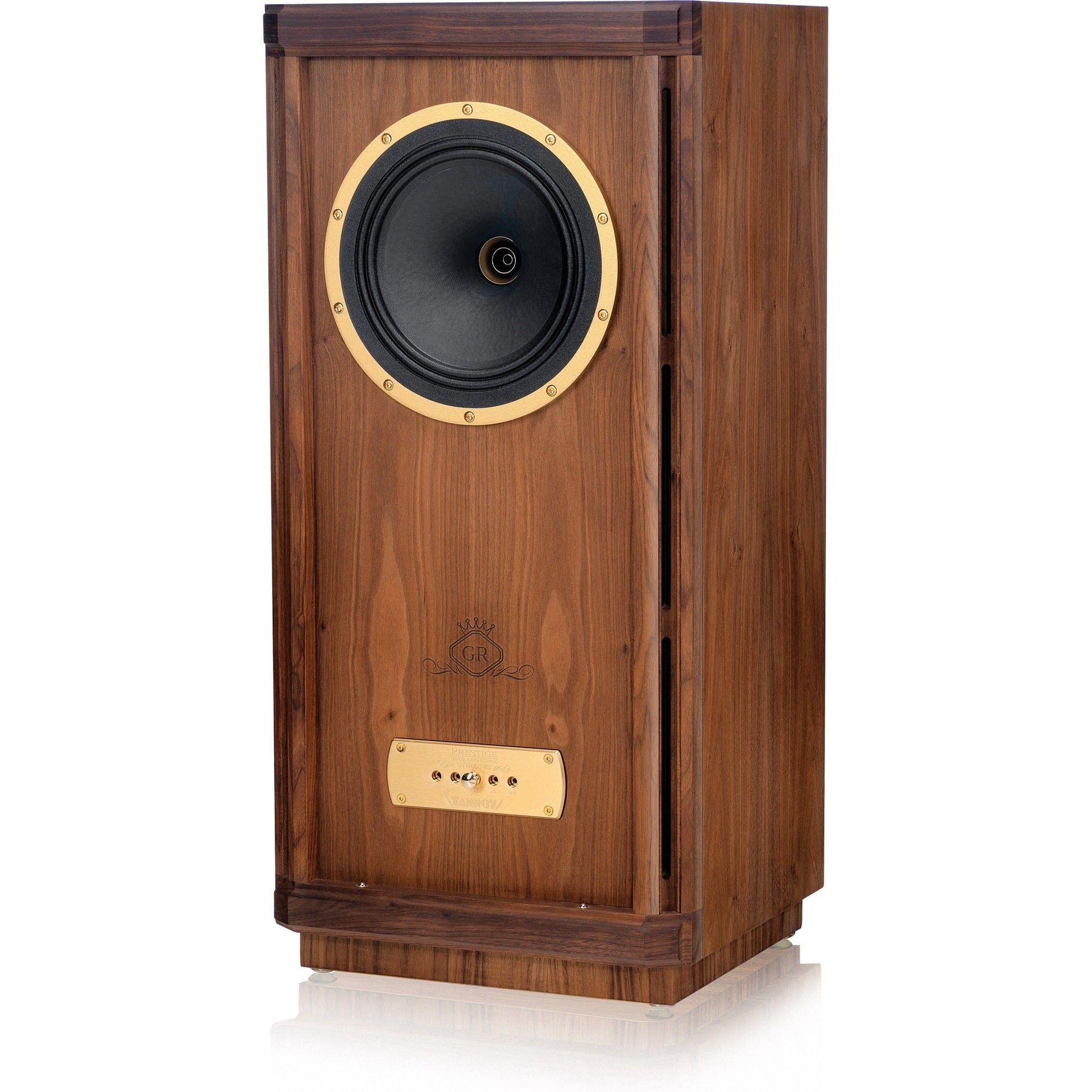 Tannoy Stirling GR Standlautsprecher Schrägansicht ohne Frontbespannung, Gehäuse in Nussbaum