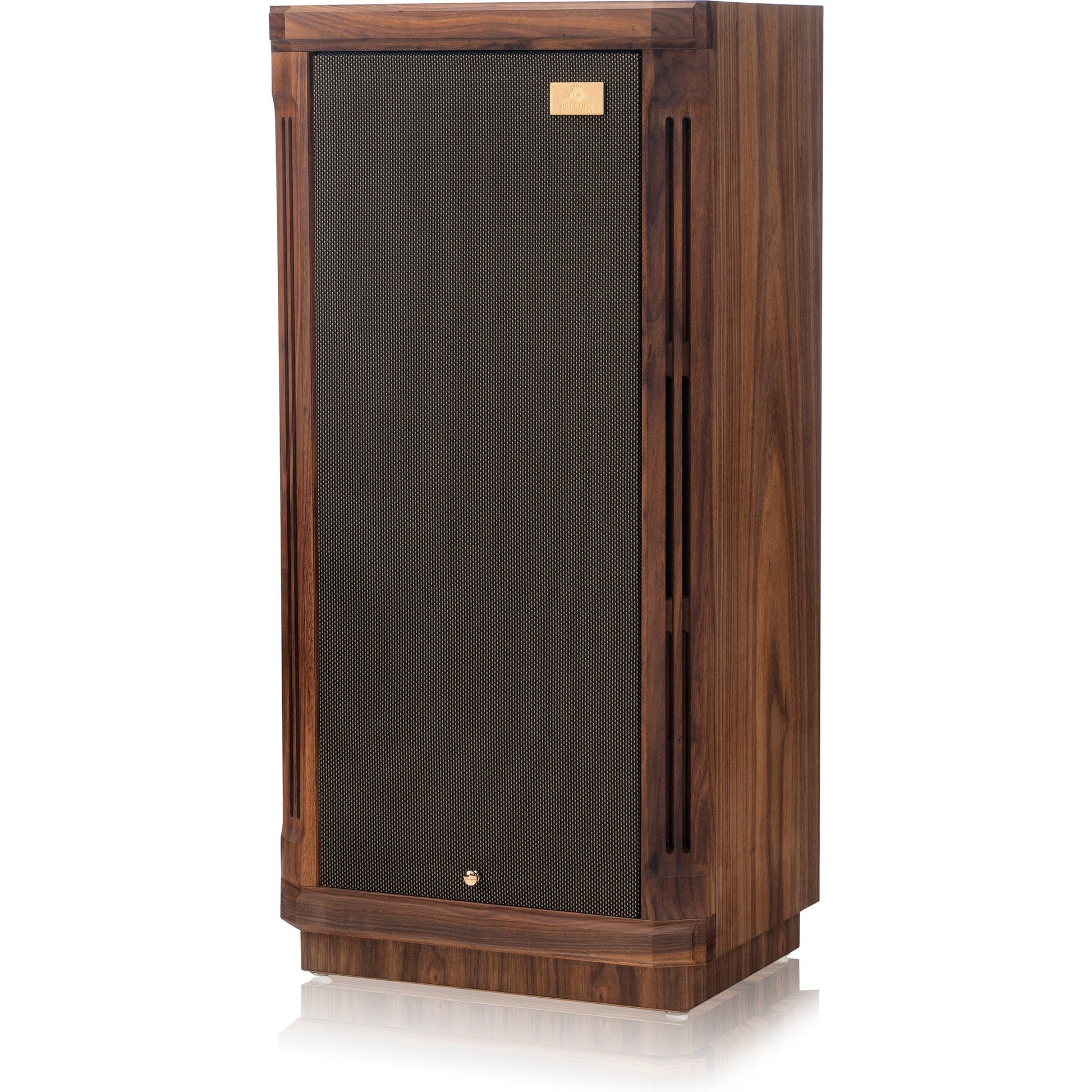 Tannoy Turnberry GR Standlautsprecher Schrägansicht mit montierter Frontbespannung und Nussbaum-Gehäuse
