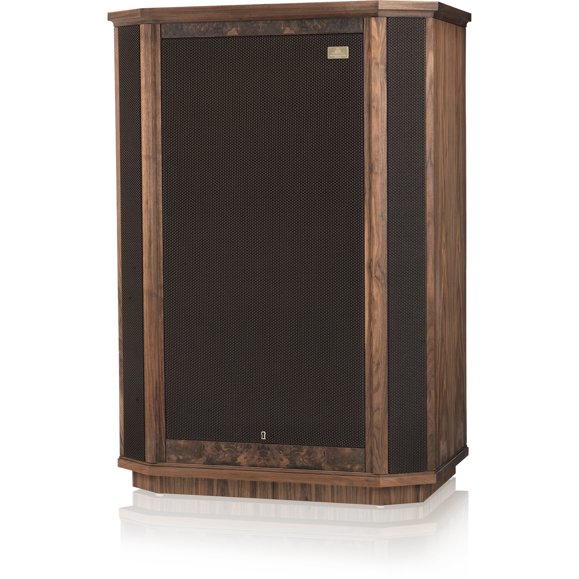 Tannoy Westminster Royal GR Standlautsprecher Schrägansicht mit montierter Frontbespannung und Nussbaum-Furnier