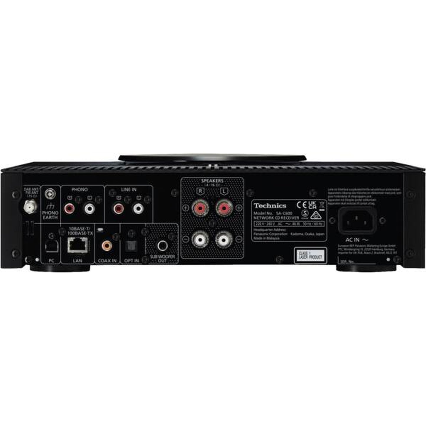 Technics SA-C600 CD-Netzwerk-Receiver Schwarz Anschlussfeld mit Phono, Line-In, LAN, Coax/Opt und Sub-Out