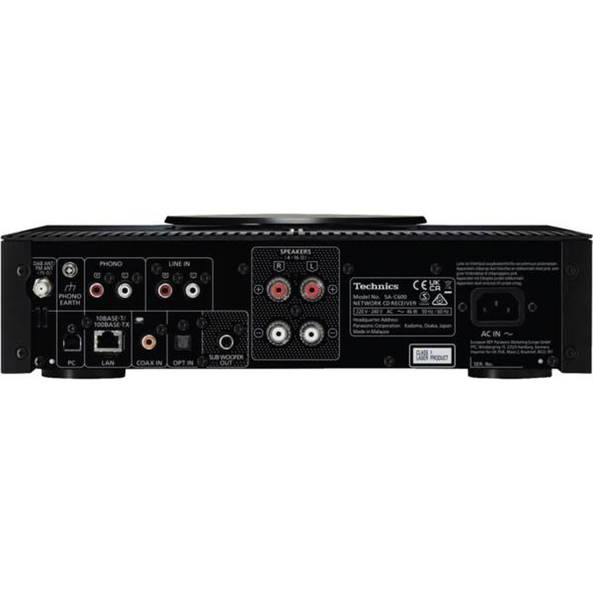 Technics SA-C600 CD-Netzwerk-Receiver Schwarz Anschlussfeld mit Phono, Line-In, LAN, Coax/Opt und Sub-Out
