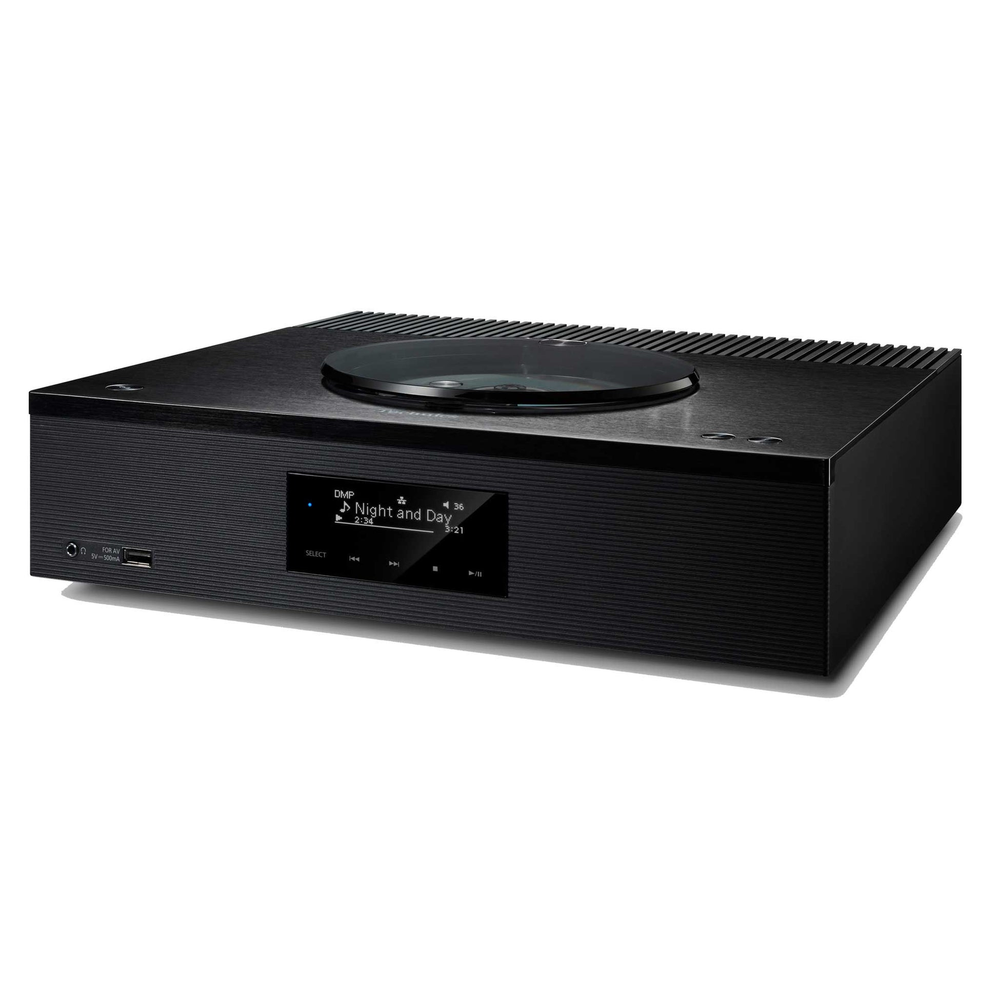Technics SA-C600 CD-Netzwerk-Receiver Schwarz Schrägansicht mit Deckplatte, CD-Fach und Display