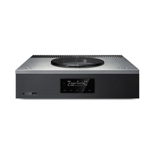 Technics SA-C600 CD-Netzwerk-Receiver Silber Frontansicht mit Plattenteller und Titelanzeige