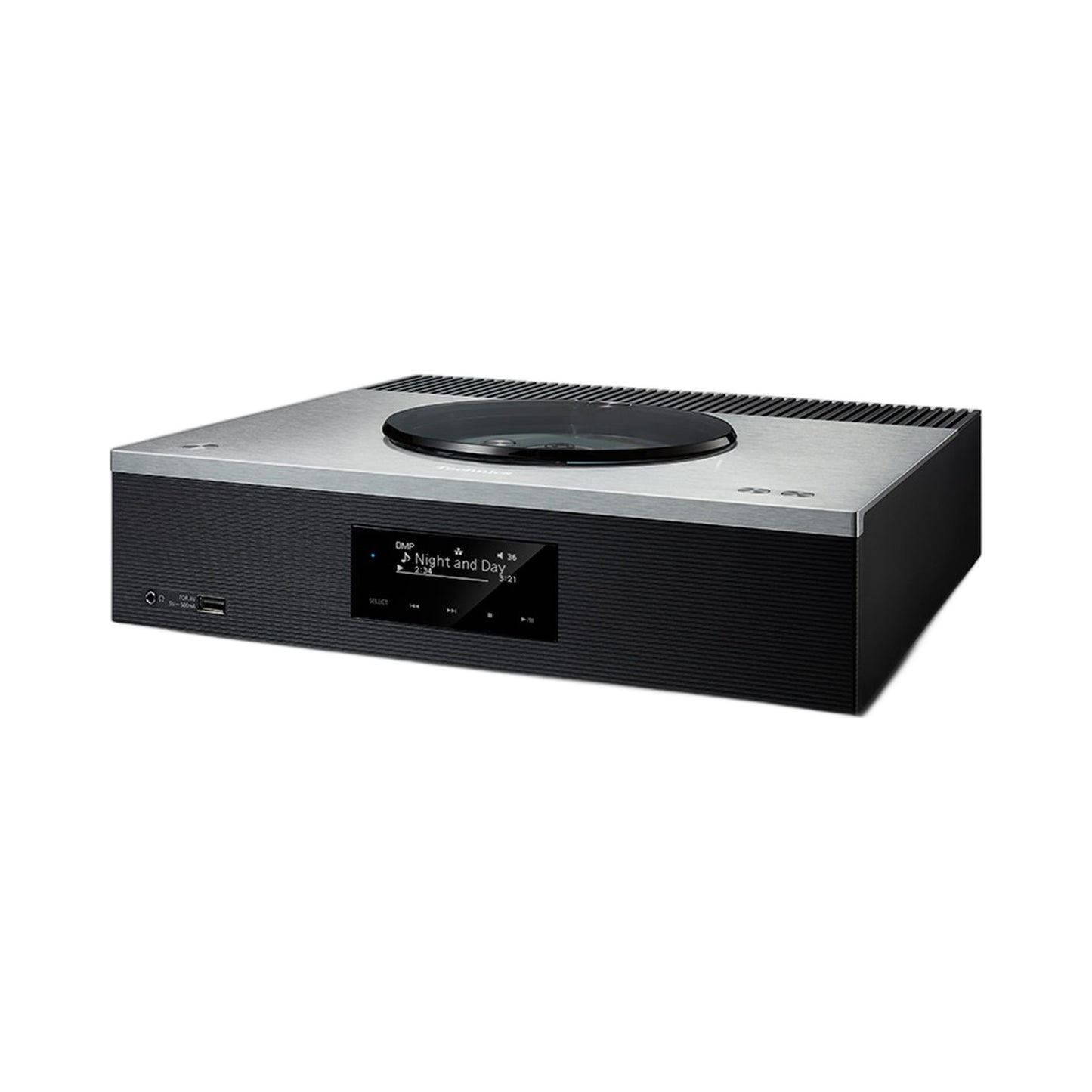 Technics SA-C600 CD-Netzwerk-Receiver Silber Schrägansicht mit Aluminium-Deckplatte und CD-Fach