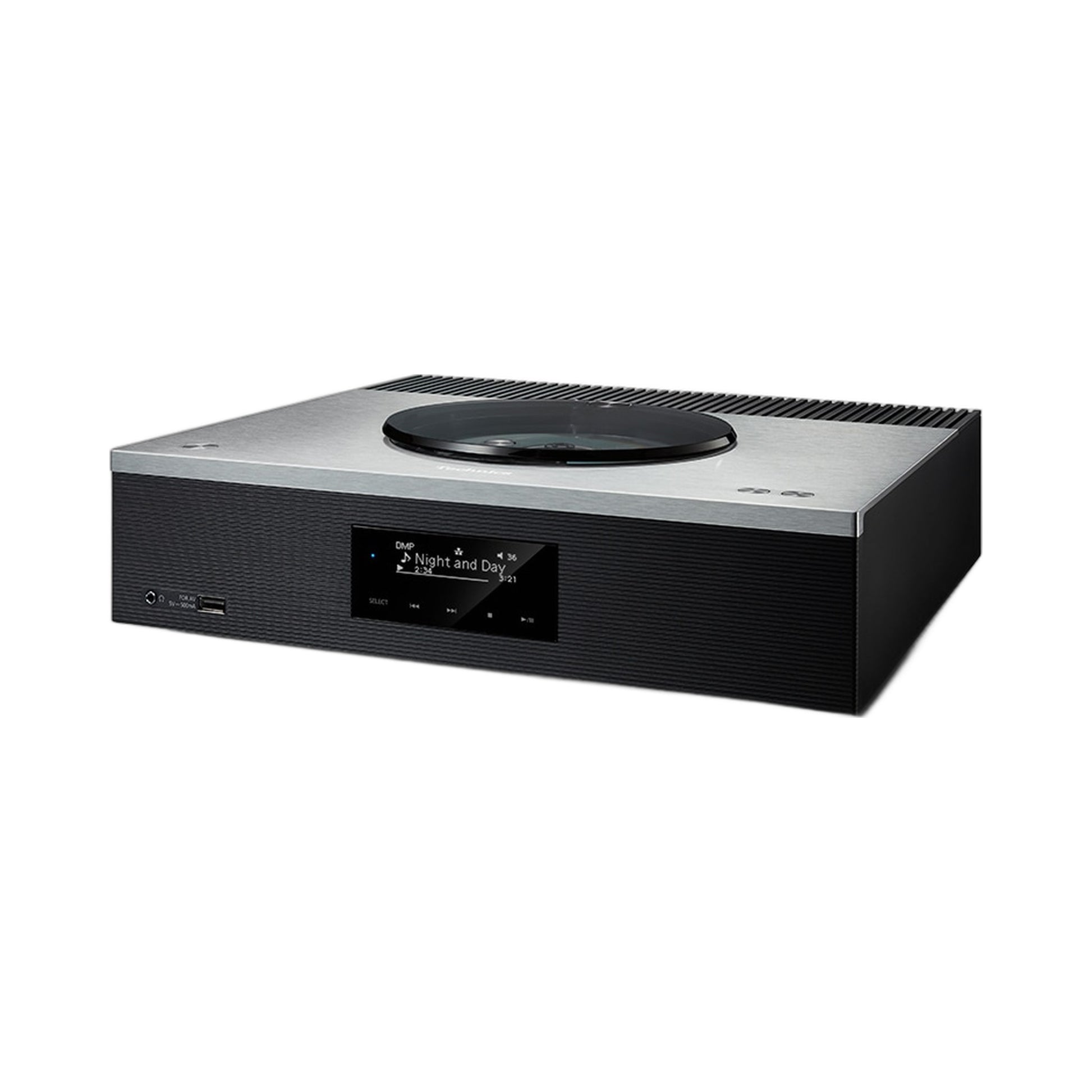 Technics SA-C600 CD-Netzwerk-Receiver Silber Schrägansicht mit Aluminium-Deckplatte und CD-Fach