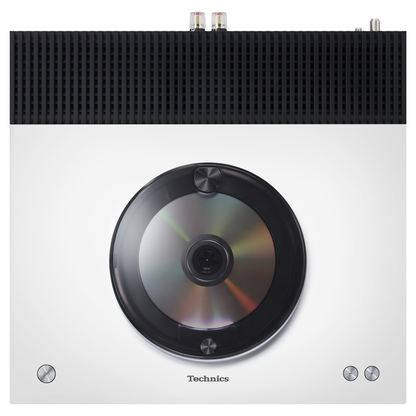 Technics SA-C600 CD-Netzwerk-Receiver Weiss Draufsicht mit eingelegter CD im offenen Fach
