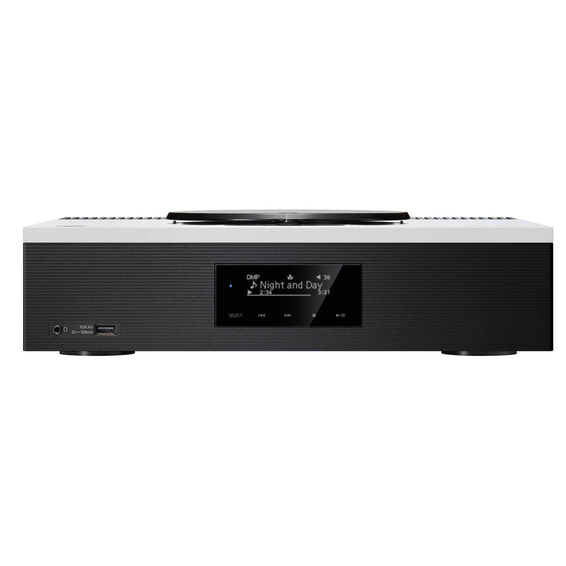 Technics SA-C600 CD-Netzwerk-Receiver Weiss Frontansicht 2 mit schwarzer Frontblende und aktivem Display