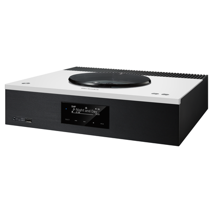 Technics SA-C600 CD-Netzwerk-Receiver Weiss Schrägansicht mit weisser Deckplatte und CD-Fach