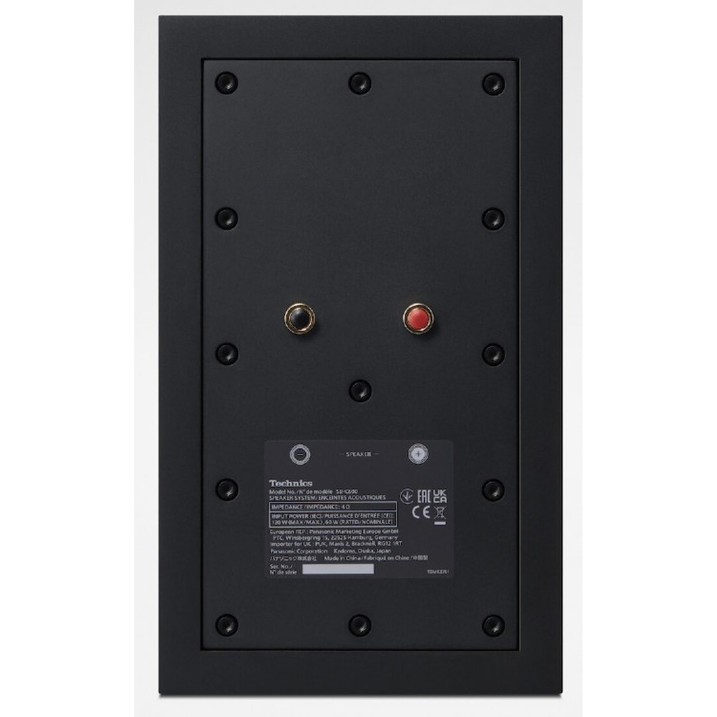 Technics SA-C600 + SB-C600 HiFi-Set Schwarz Rückansicht des SB-C600 mit Schraubklemmen und Typenschild