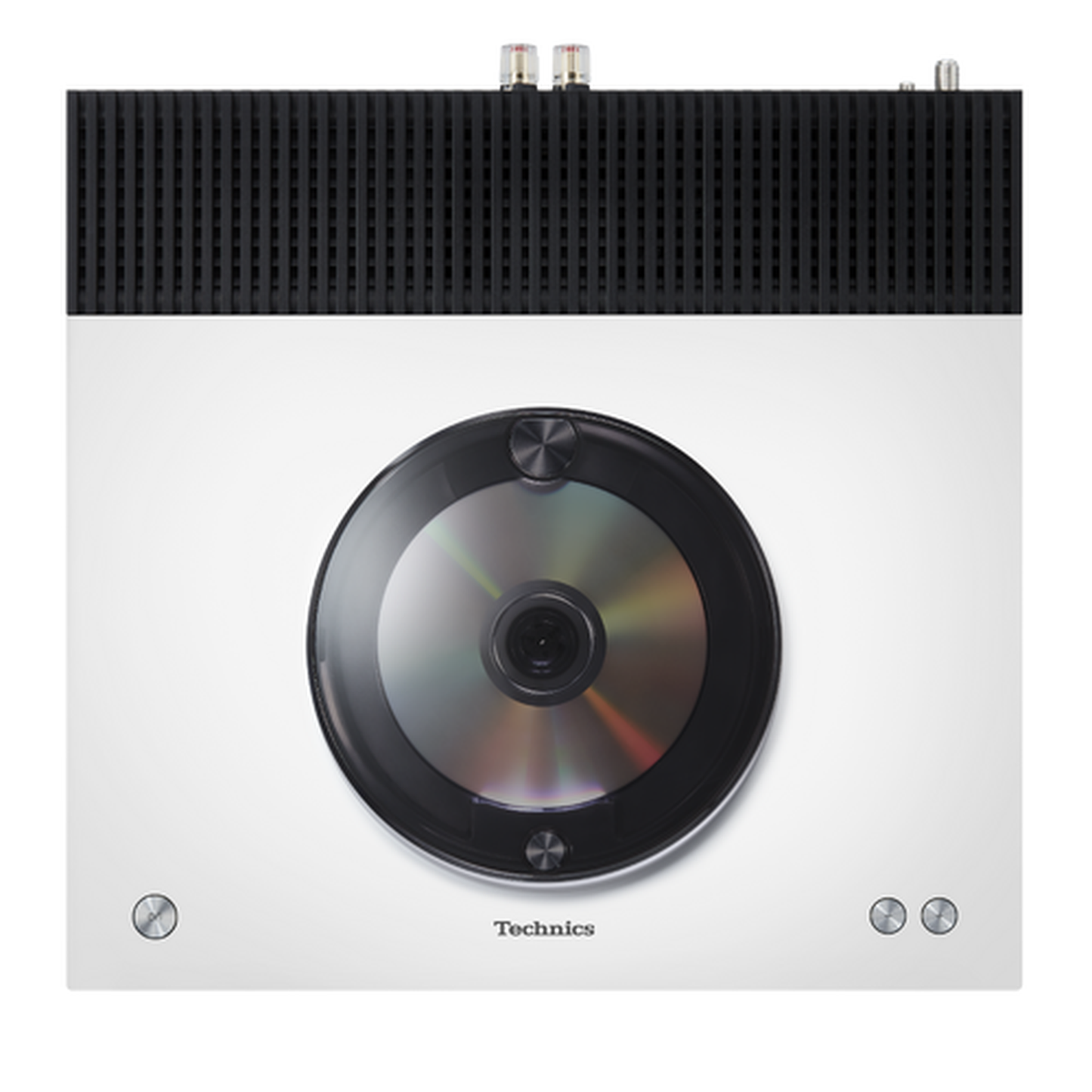 Technics SA-C600 + SB-C600 HiFi-Set Weiss Draufsicht des SA-C600 mit CD im offenen Fach
