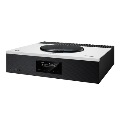 Technics SA-C600 + SB-C600 HiFi-Set Weiss Schrägansicht des SA-C600 mit weisser Deckplatte und CD-Fach