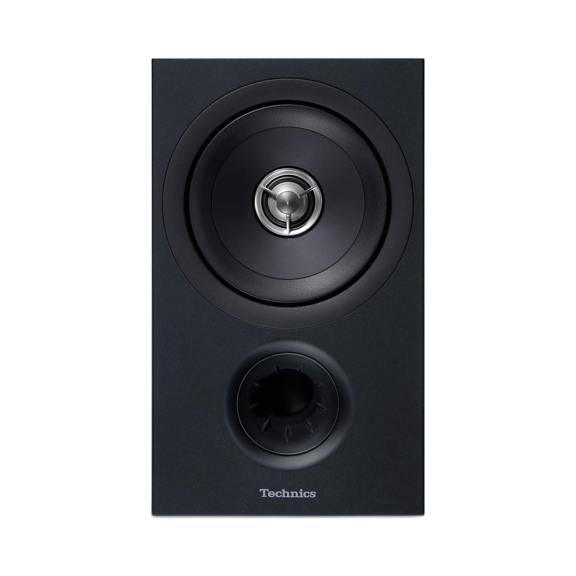 Technics SB-C600 Regallautsprecher Schwarz Frontansicht mit Koaxialchassis und Bassreflexöffnung