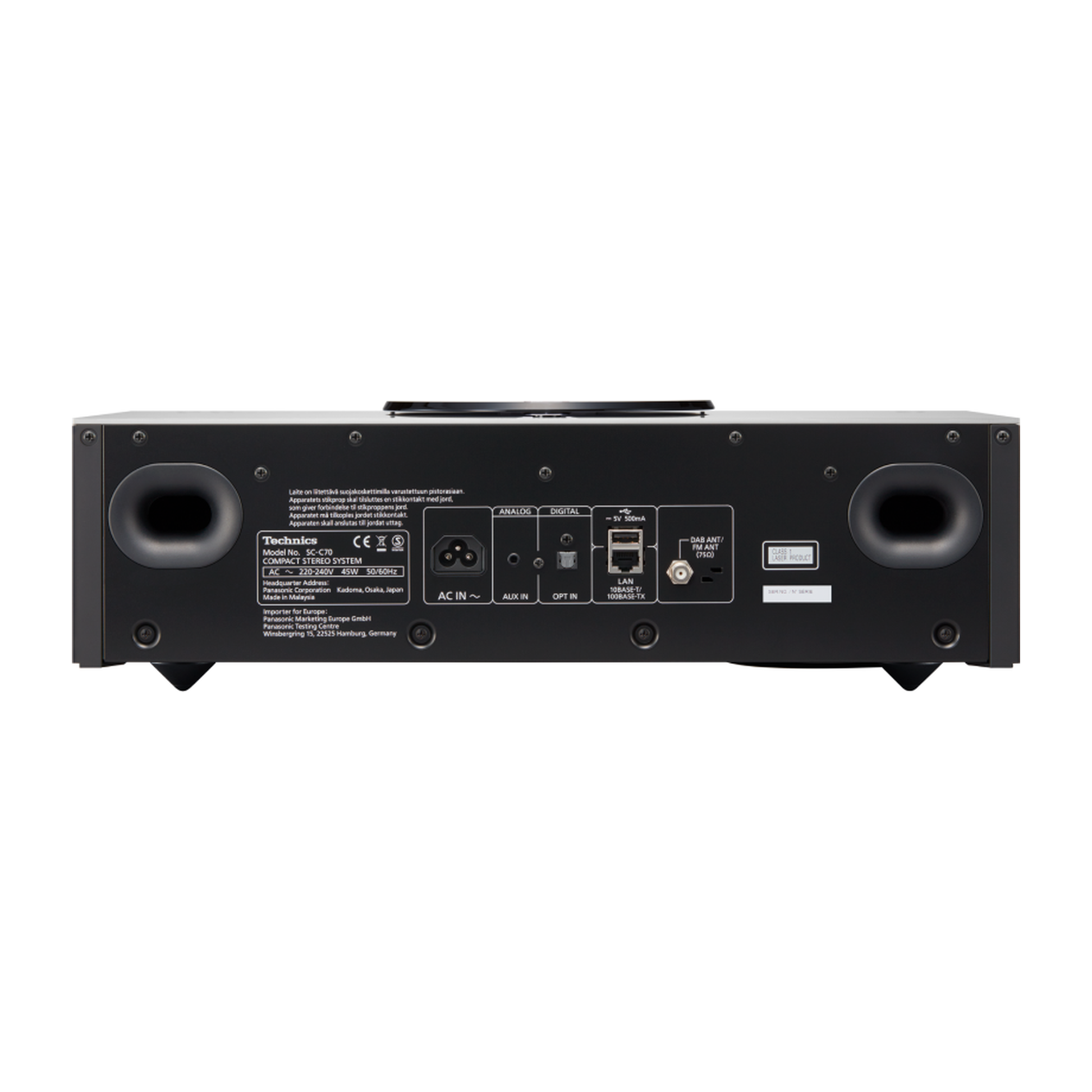 Technics SC-C70MK2 Kompaktanlage Schwarz Rückansicht mit AC-In, Aux-In, Opt-In, LAN, USB und DAB/FM-Antenne