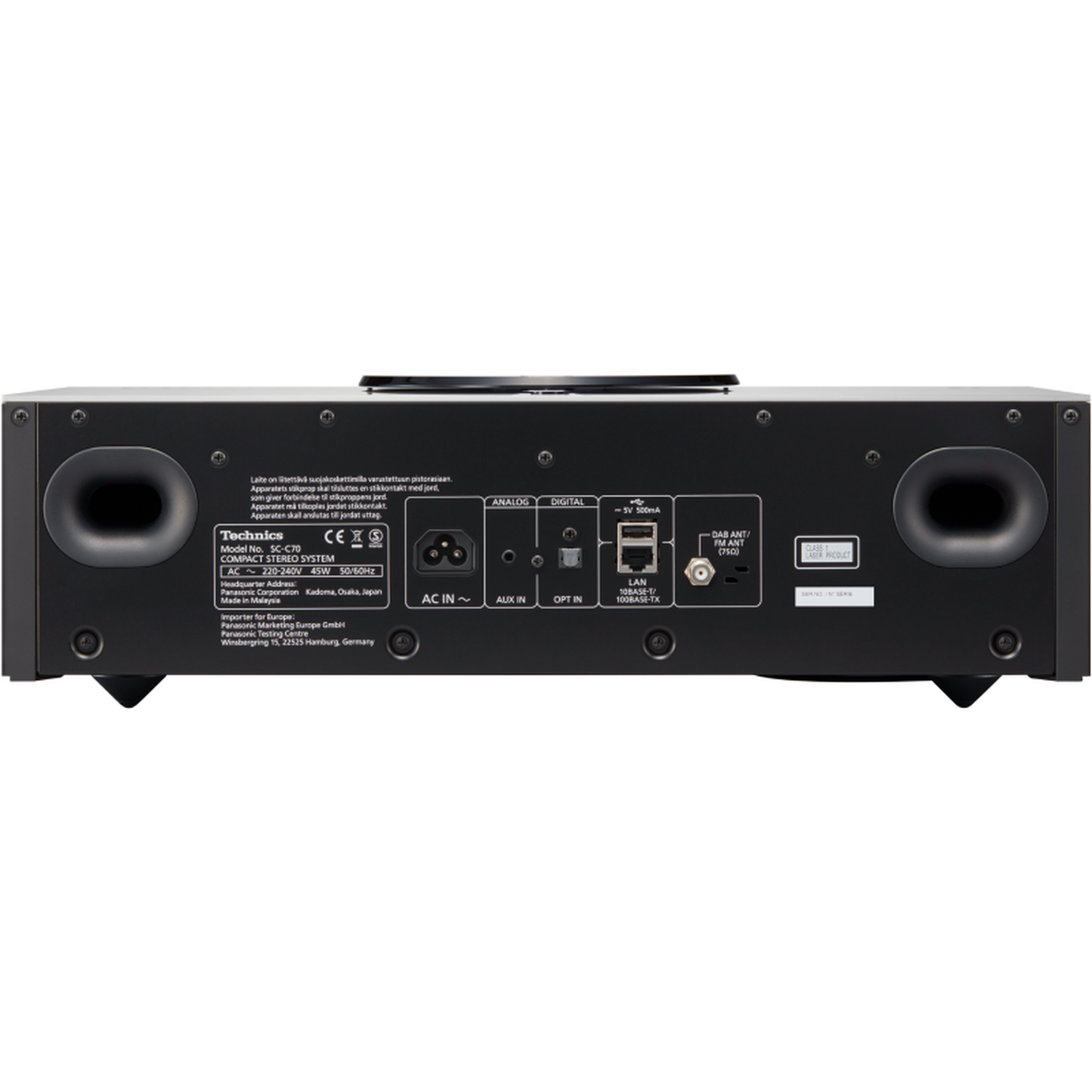 Technics SC-C70MK2 Kompaktanlage Silber Rückansicht mit AC-In, Aux-In, Opt-In, LAN, USB und DAB/FM-Antenne