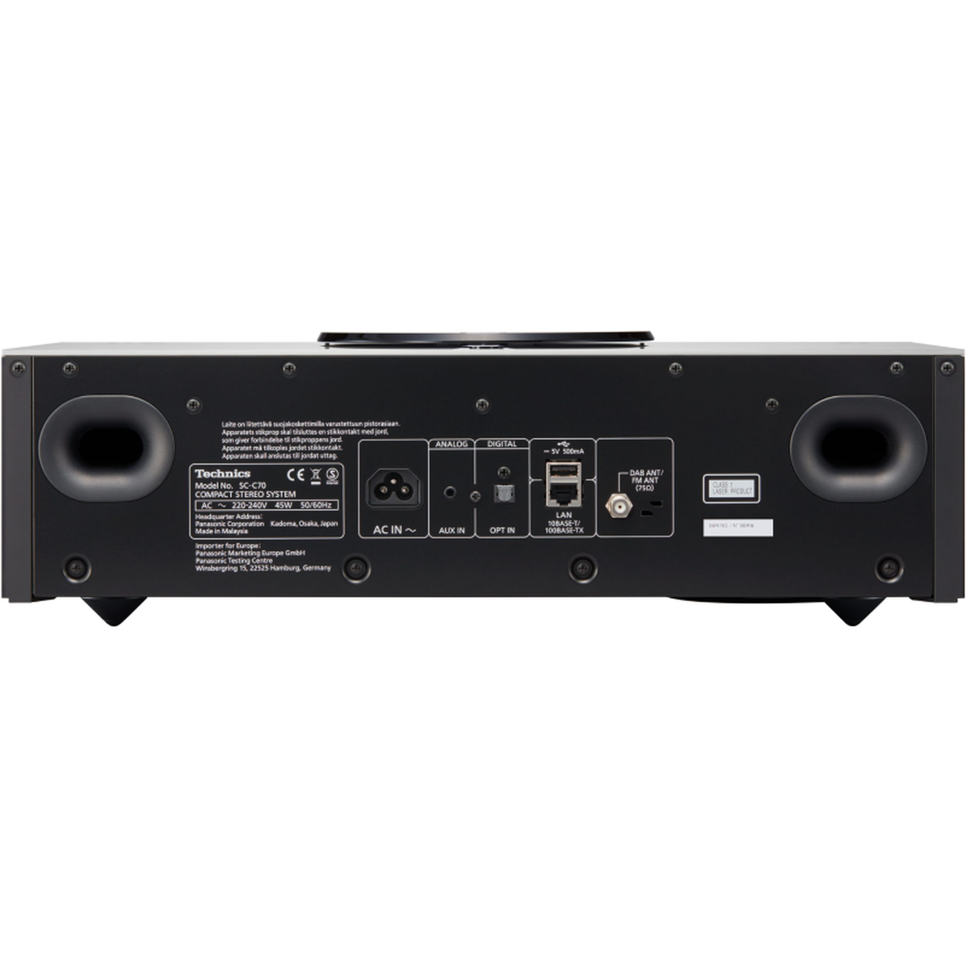 Technics SC-C70MK2 Kompaktanlage Silber Rückansicht mit AC-In, Aux-In, Opt-In, LAN, USB und DAB/FM-Antenne