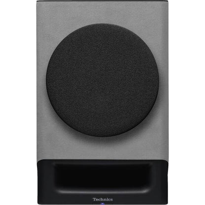 Technics SC-CX700 Streaming-Lautsprecher Grau Frontansicht mit Stoffabdeckung und Bassreflexöffnung