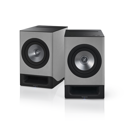 Technics SC-CX700 Streaming-Lautsprecher Grau Stereopaar ohne Stoffabdeckung schräg von vorne