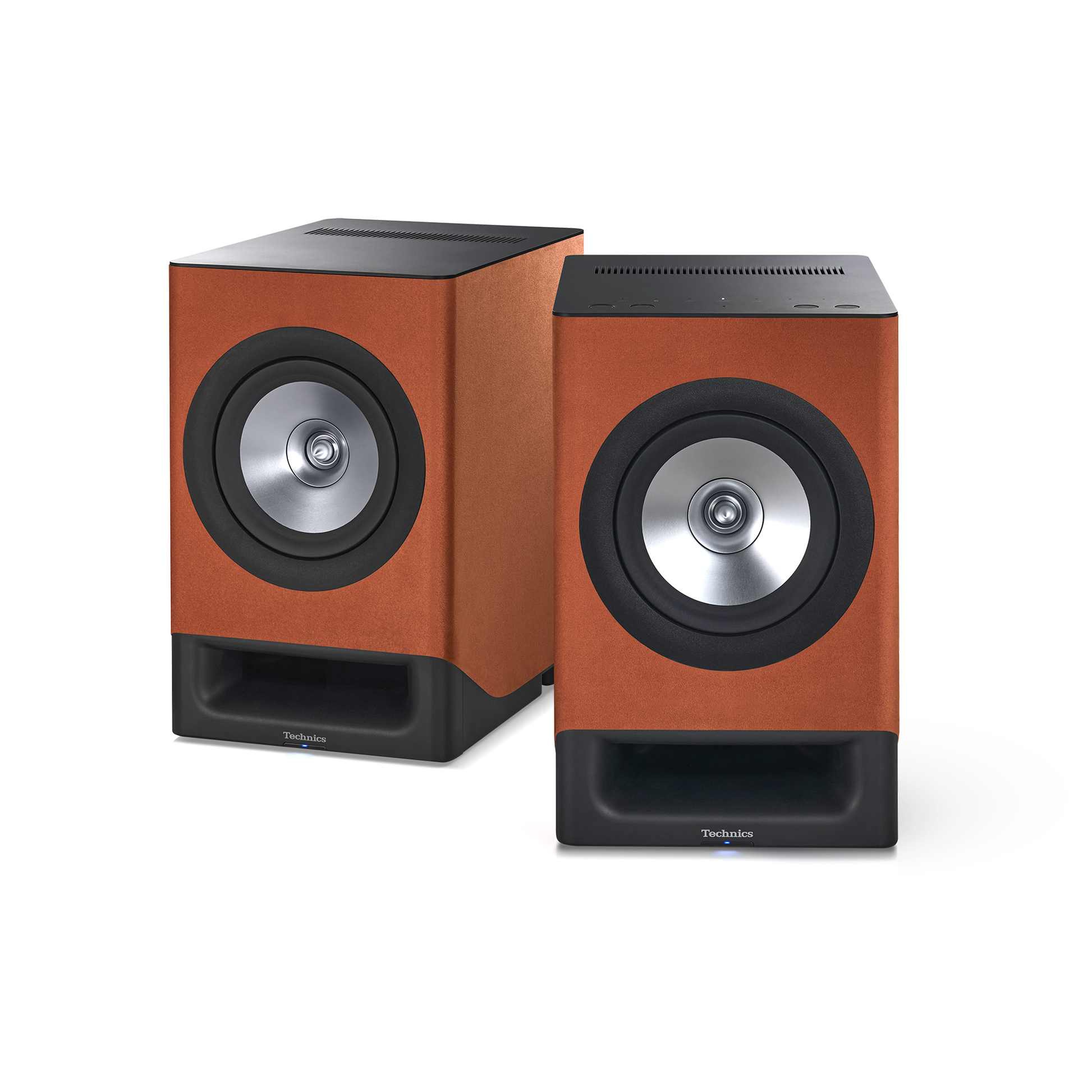Technics SC-CX700 Streaming-Lautsprecher Terracotta Stereopaar ohne Stoffabdeckung schräg von vorne