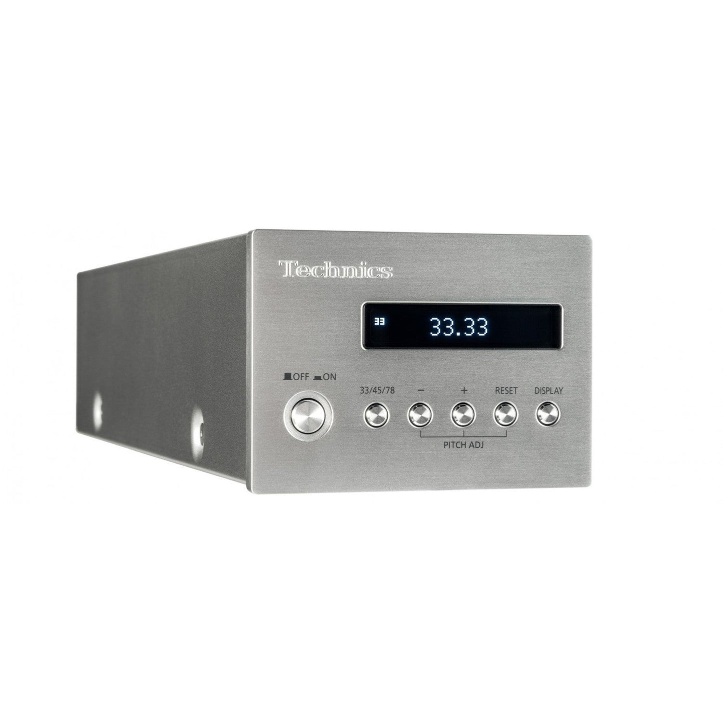 Technics SL-1000R Plattenspieler Displayansicht, Steuereinheit schräg von vorn mit Netzschalter