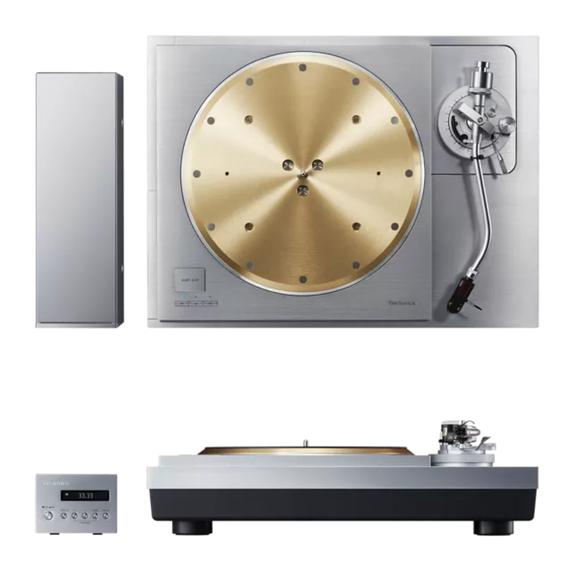 Technics SL-1000R Plattenspieler Produktansicht, Draufsicht und Frontansicht mit Steuereinheit