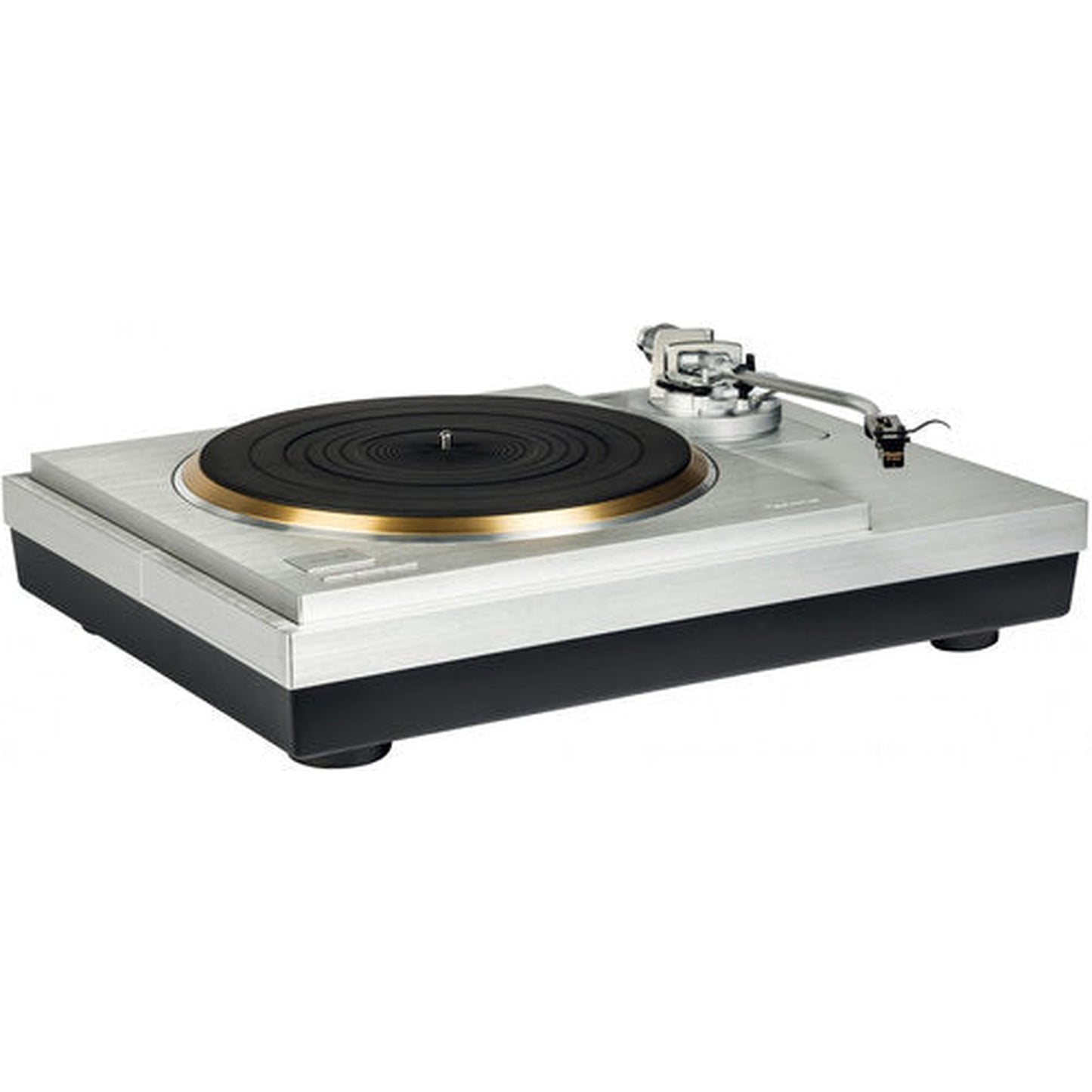 Technics SL-1000R Plattenspieler Schrägansicht von vorn links, Laufwerk mit Tonarm ohne Haube