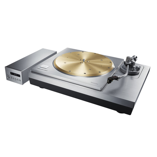 Technics SL-1000R Plattenspieler Schrägansicht mit Steuereinheit und Messing-Plattenteller