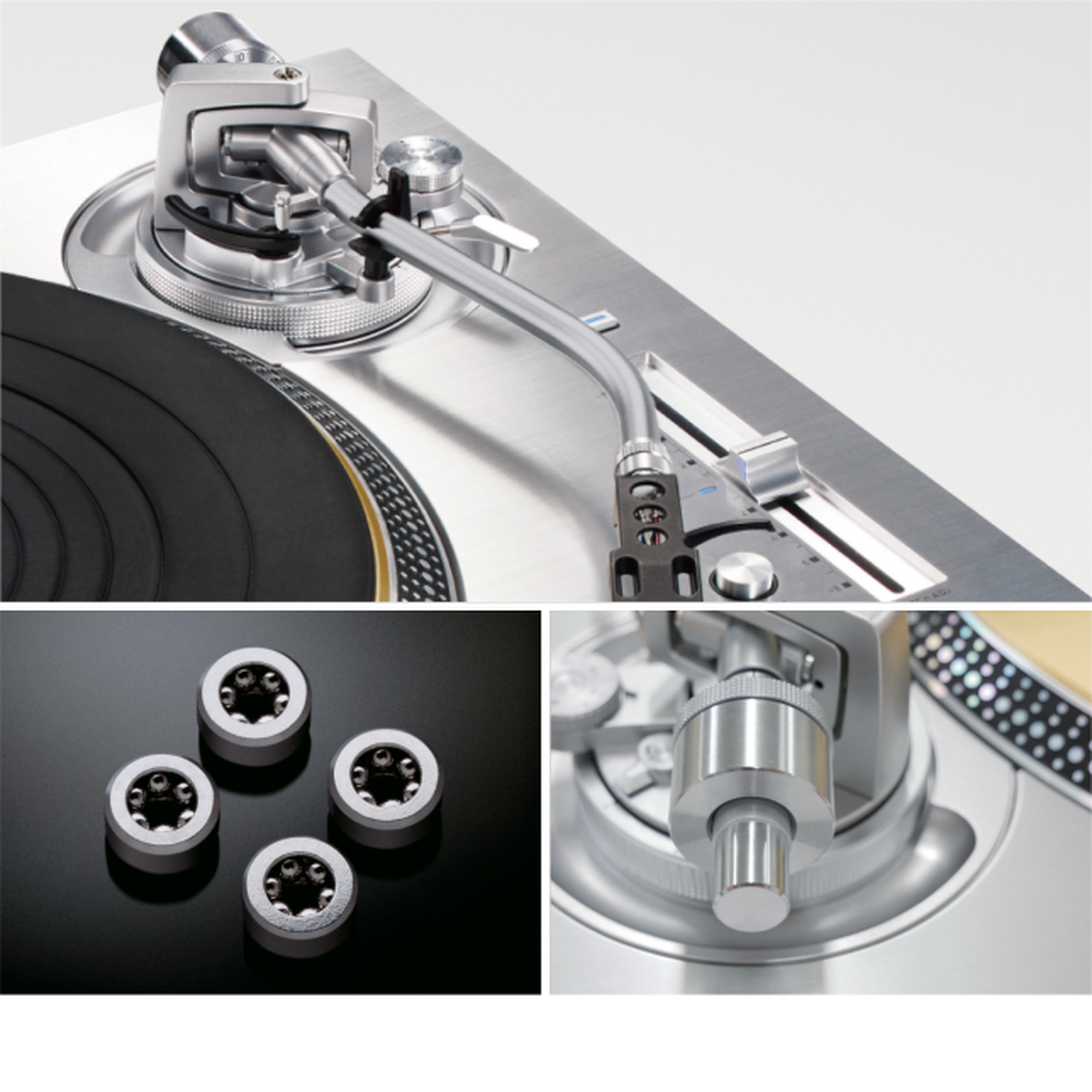Technics SL-1200G Plattenspieler Silber Detailansicht Tonarmlager, Präzisionslager und Zusatzgewichte