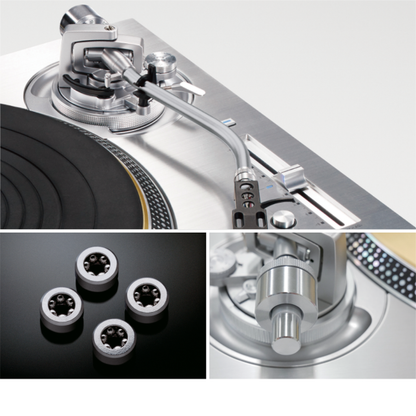 Technics SL-1200G Plattenspieler Silber Detailansicht Tonarmlager, Präzisionslager und Zusatzgewichte