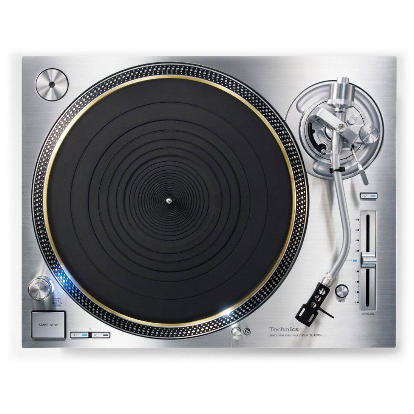 Technics SL-1200G Plattenspieler Silber Draufsicht mit Plattenteller, Tonarmbasis und Pitch-Fader