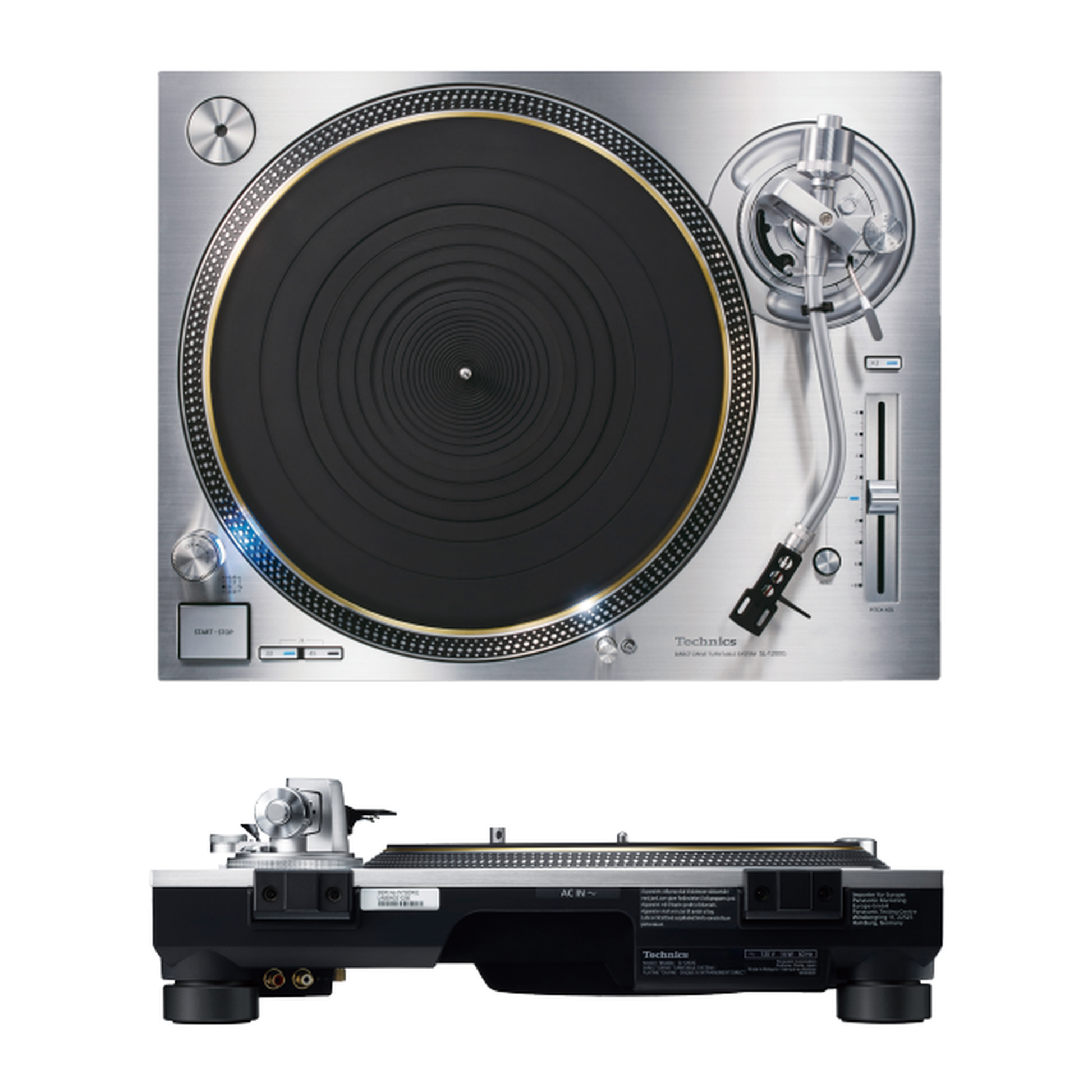 Technics SL-1200G Plattenspieler Silber Produktansicht, Draufsicht und Rückansicht kombiniert