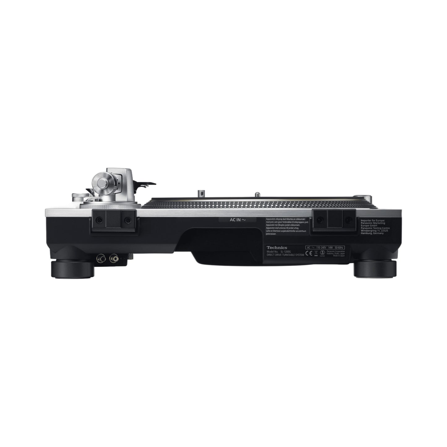 Technics SL-1200G Plattenspieler Silber Rückansicht mit AC IN, Cinch-Ausgang, Erdungsklemme und Typenschild