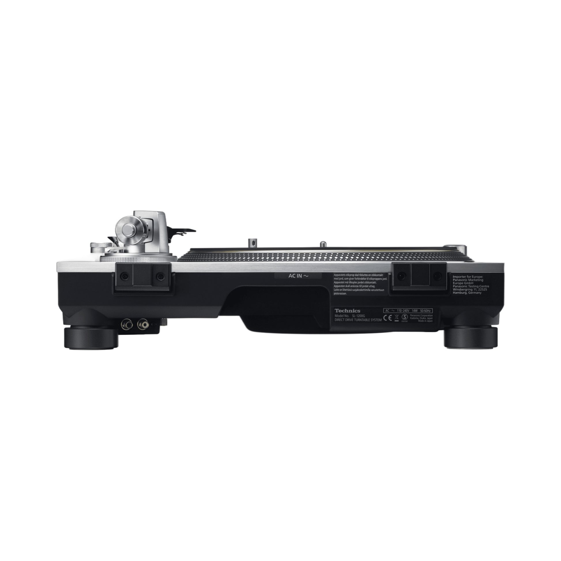 Technics SL-1200G Plattenspieler Silber Rückansicht mit AC IN, Cinch-Ausgang, Erdungsklemme und Typenschild
