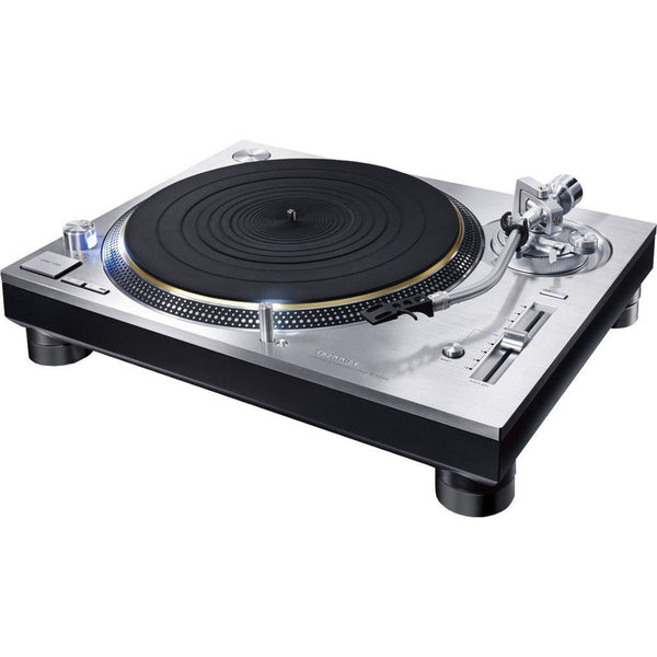 Technics SL-1200G Plattenspieler Silber Schrägansicht mit Plattenteller, Tonarm und Pitch-Fader