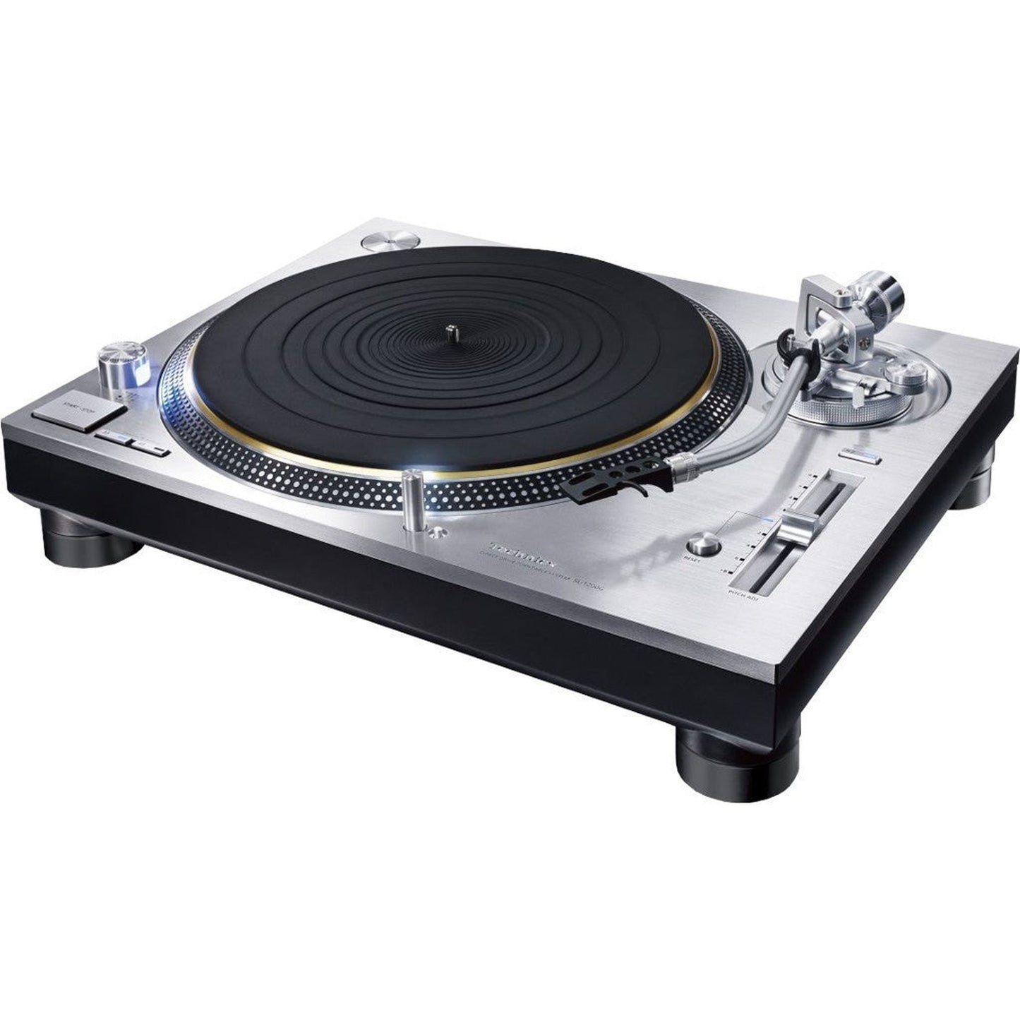 Technics SL-1200G Plattenspieler Silber Schrägansicht mit Plattenteller, Tonarm und Pitch-Fader