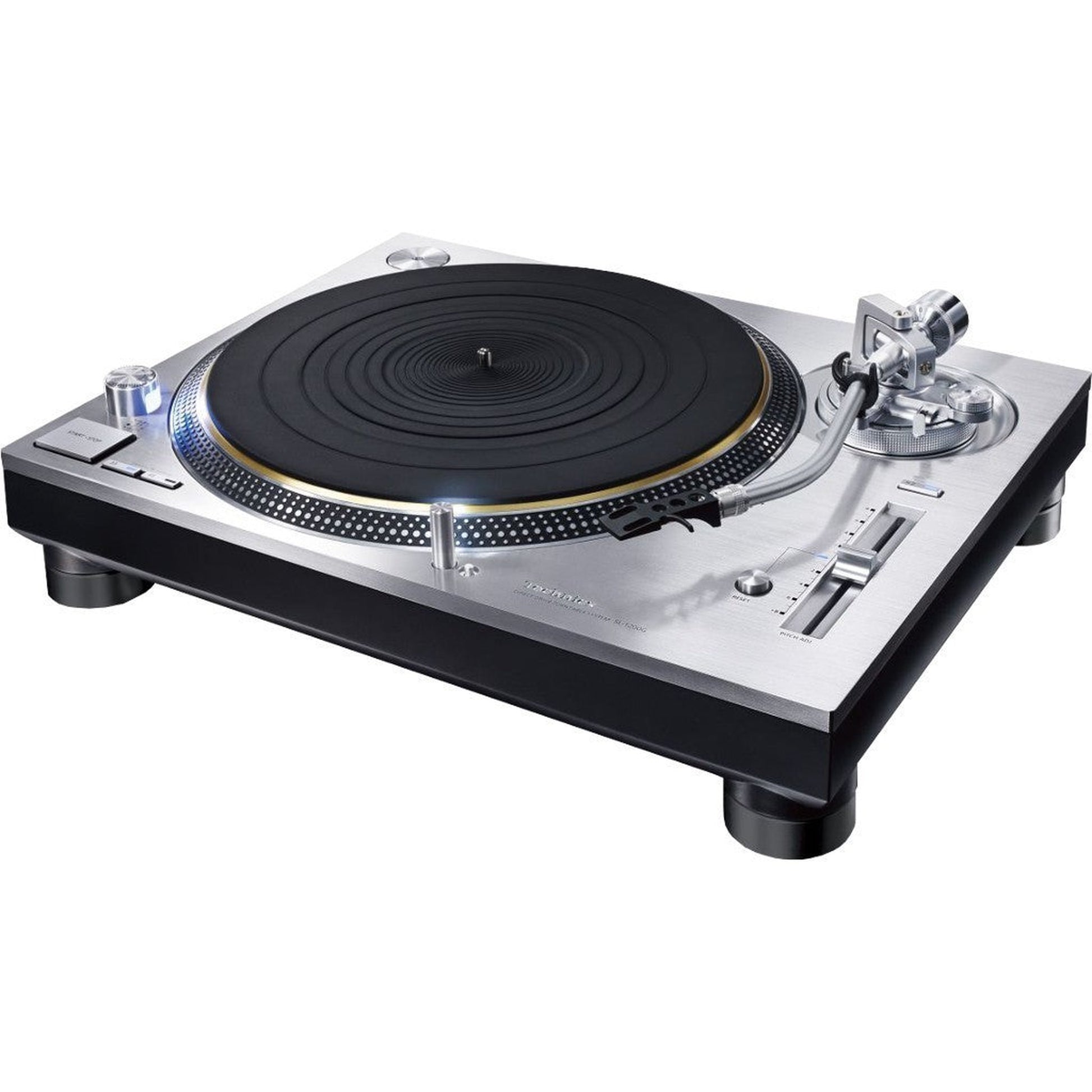 Technics SL-1200G Plattenspieler Silber Schrägansicht mit Plattenteller, Tonarm und Pitch-Fader