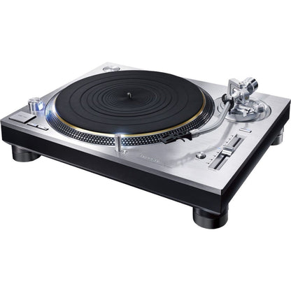 Technics SL-1200G Plattenspieler Silber Schrägansicht mit Plattenteller, Tonarm und Pitch-Fader