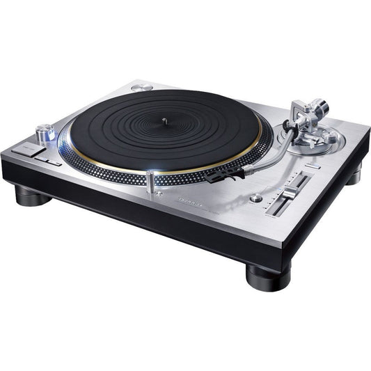 Technics SL-1200G Plattenspieler Silber Schrägansicht mit Plattenteller, Tonarm und Pitch-Fader
