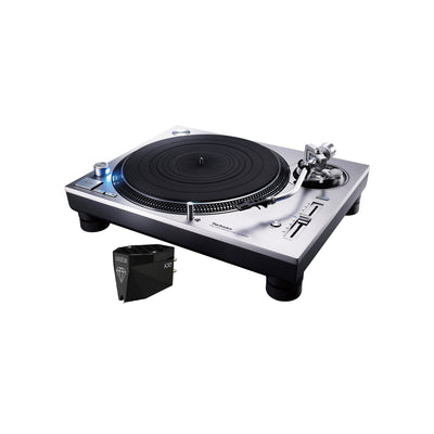 Technics SL-1200GR2 + Ortofon MC X30 Set, Schrägansicht Plattenspieler Silber mit montiertem Tonabnehmer