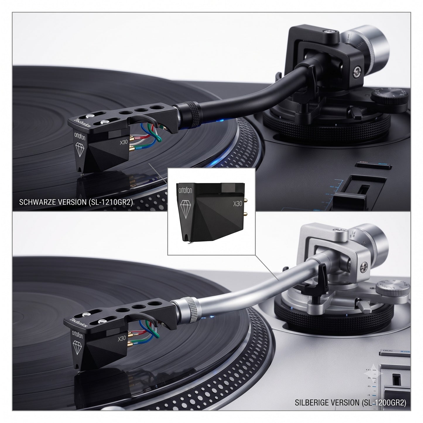 Technics SL-1210GR2 und SL-1200GR2 mit Ortofon MC X30 im Vergleich, Schwarz und Silber nebeneinander