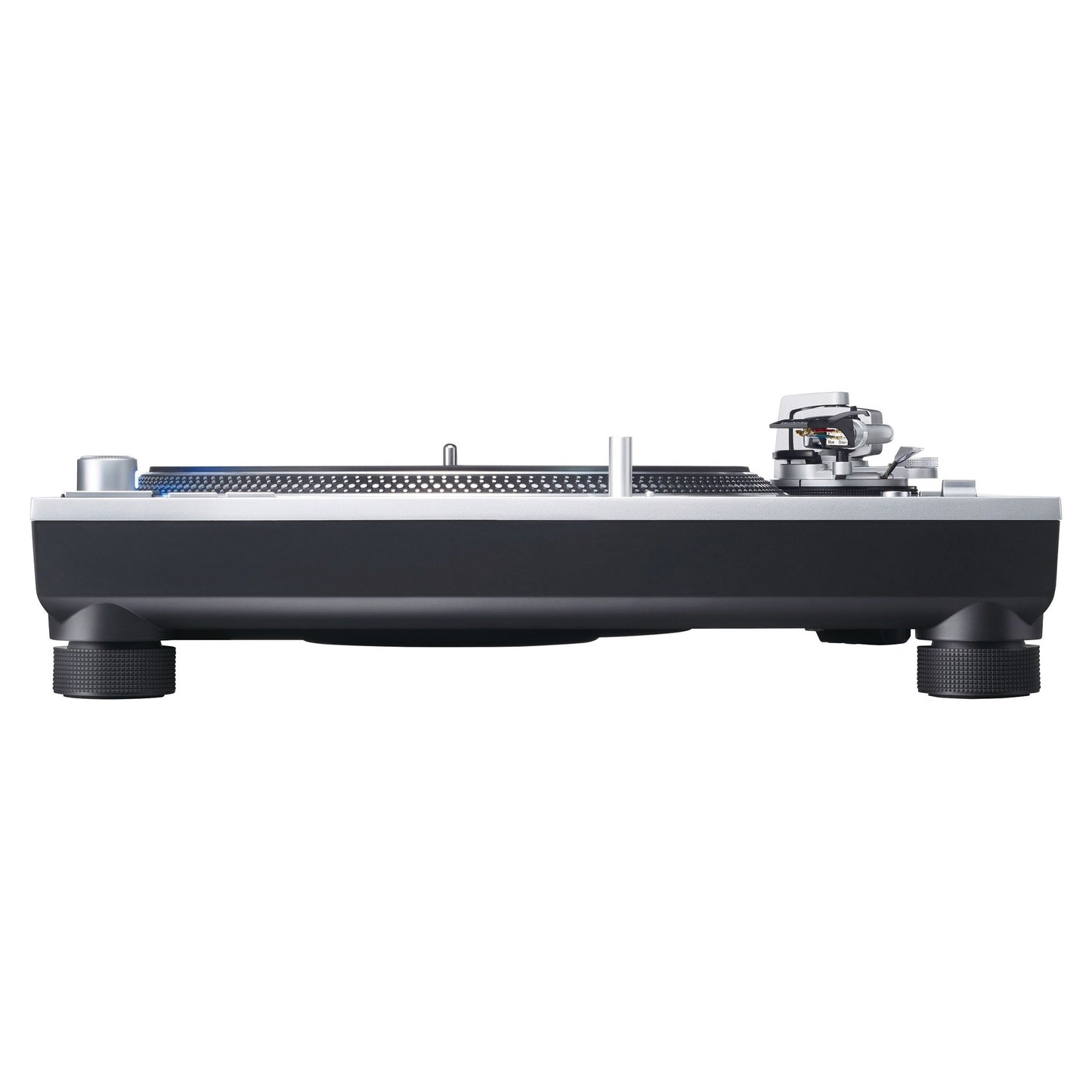 Technics SL-1200GR2 Plattenspieler Silber Seitenansicht mit flachem Chassis auf vier Füssen