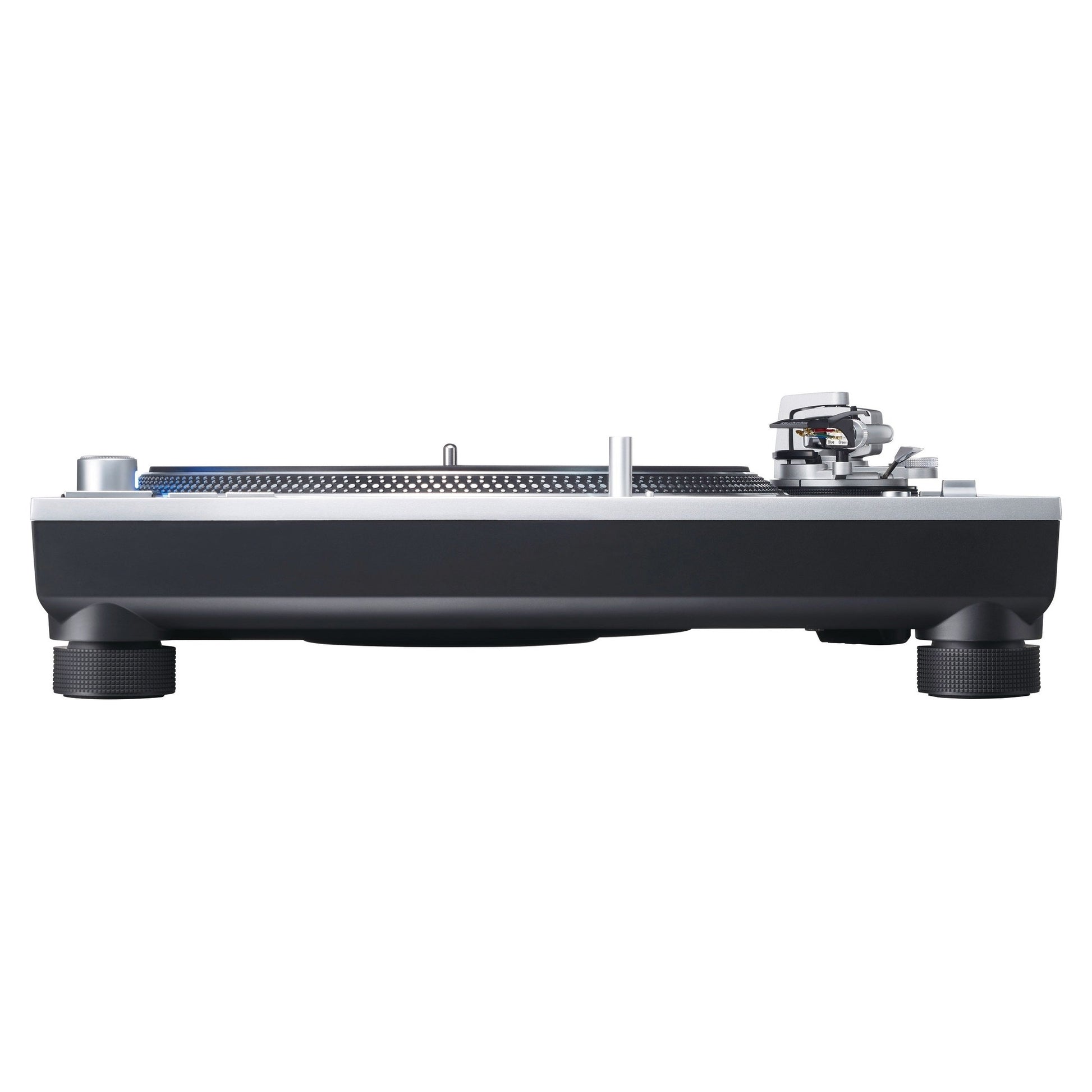 Technics SL-1200GR2 Plattenspieler Silber Seitenansicht mit flachem Chassis auf vier Füssen