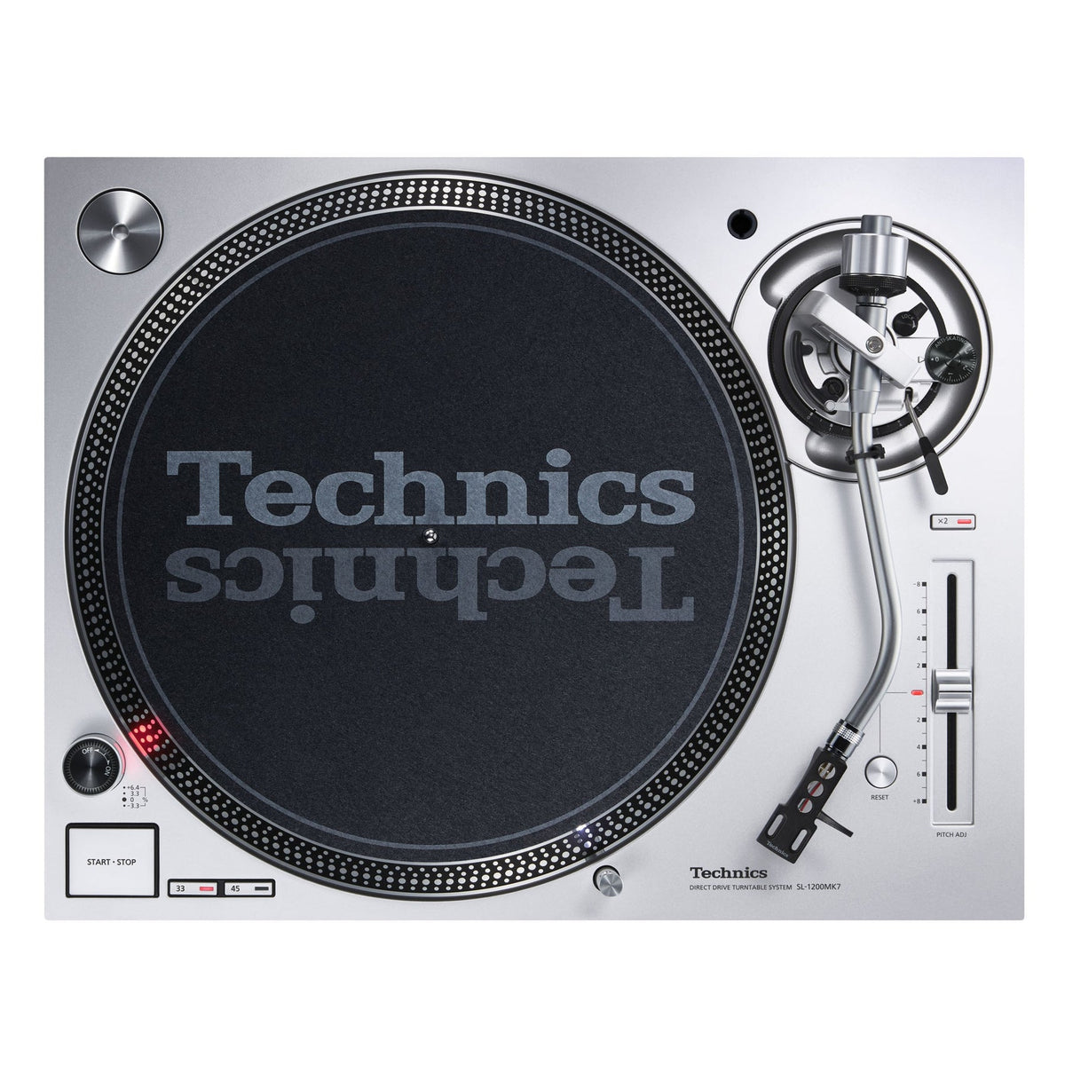 Technics SL-1200MK7 Plattenspieler Silber Draufsicht senkrecht von oben mit Tonarm und Pitch-Fader