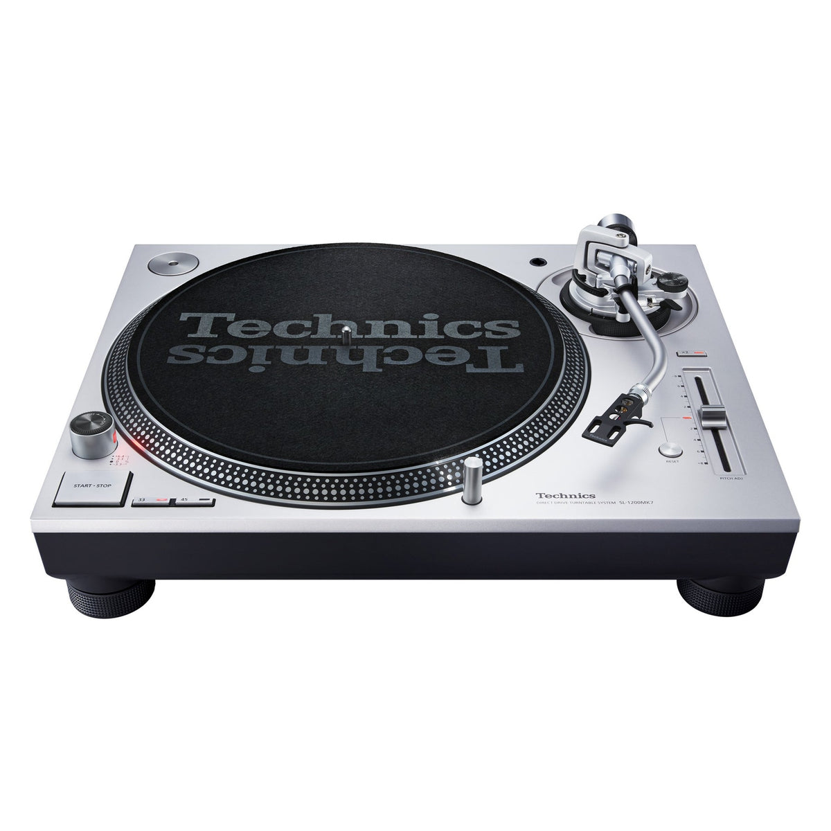Technics SL-1200MK7 Plattenspieler Silber Schrägansicht mit Plattenteller, Tonarm und Pitch-Fader