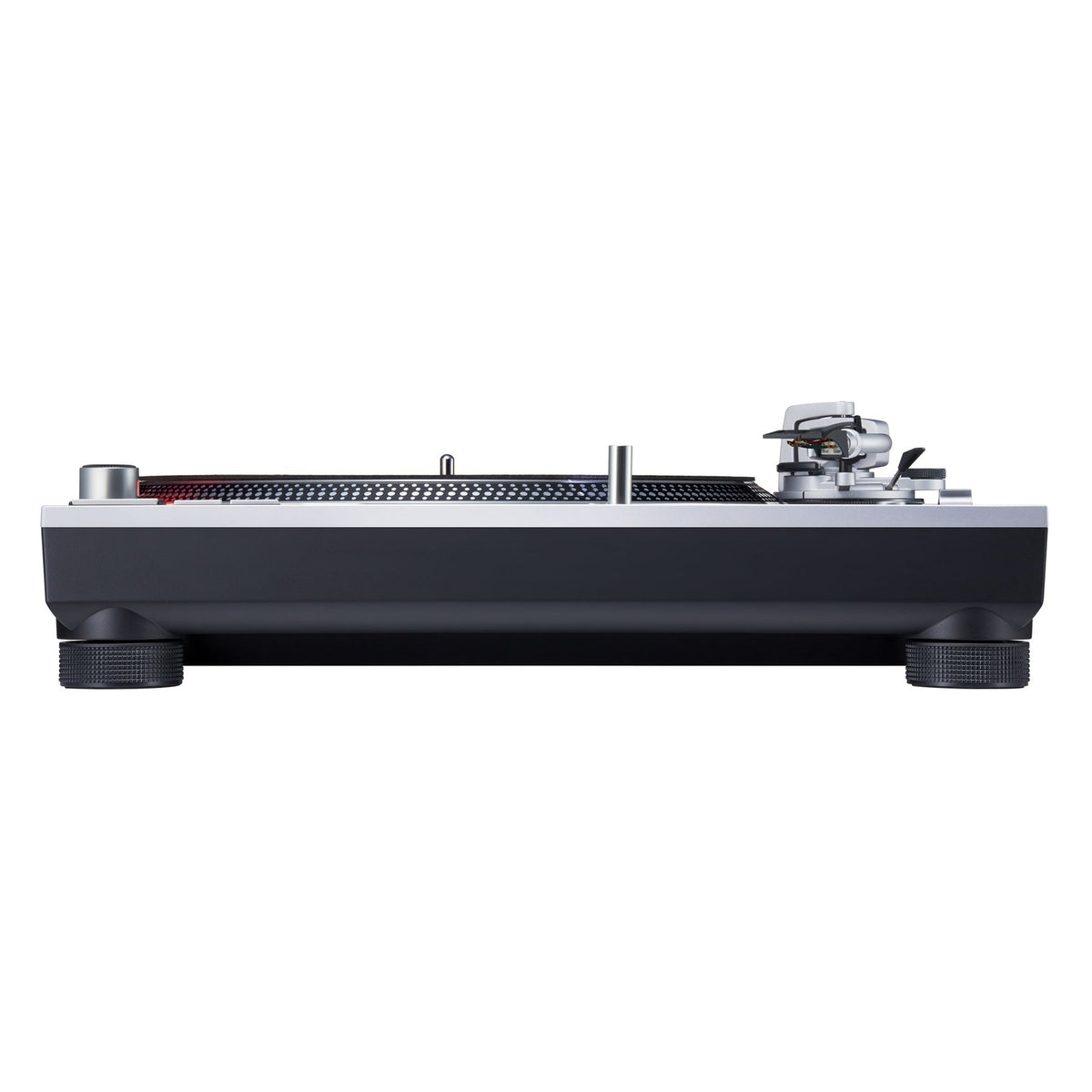 Technics SL-1200MK7 Plattenspieler Silber Seitenansicht mit Tonarm und Headshell