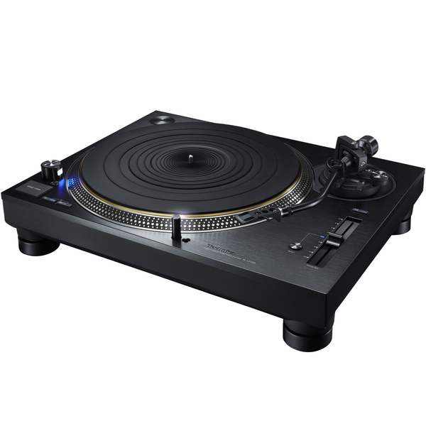 Technics SL-1210G Plattenspieler Schwarz Schrägansicht mit Plattenteller, Tonarm und Pitch-Fader
